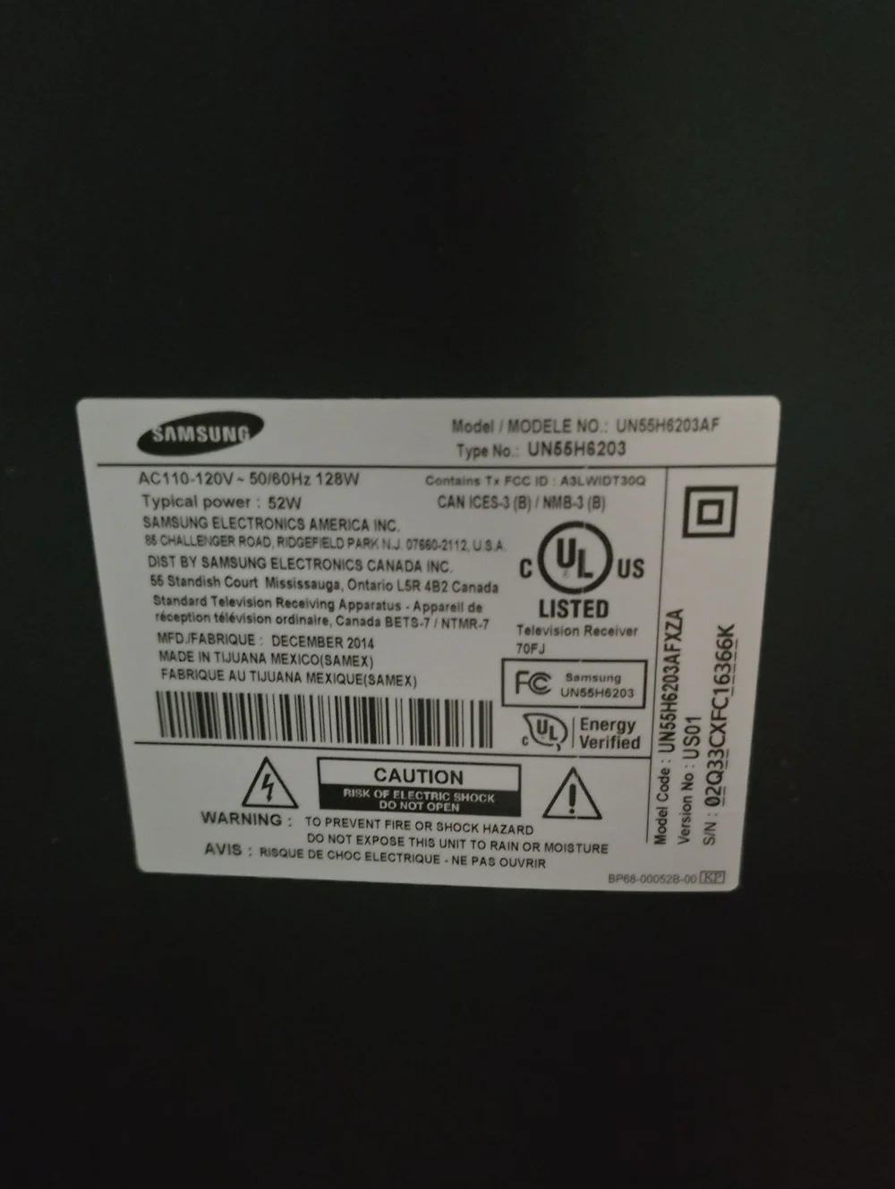 Samsung Black TV Rear Label Plate